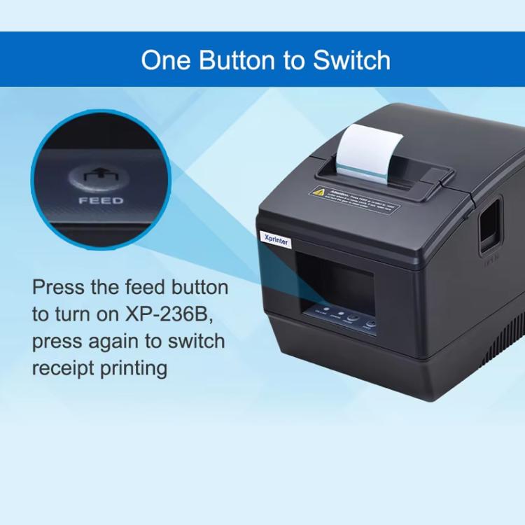 Black thermal barcode label printer with top feed button and status panel