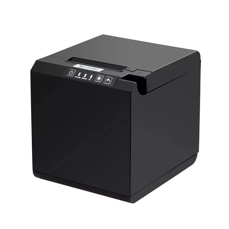 Compact black 58mm thermal label printer with centered front panel and LED-style controls