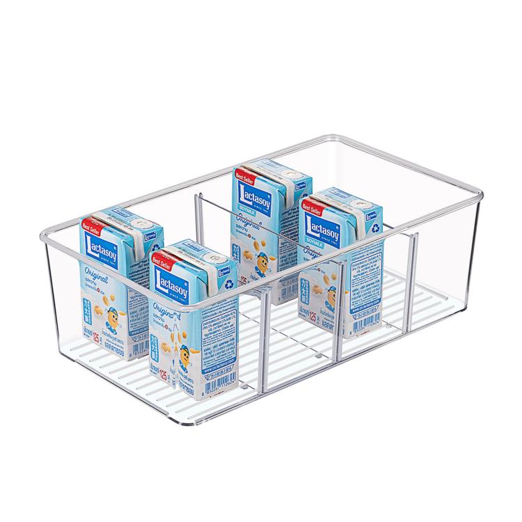 Clear four-compartment desktop organizer bin with removable vertical dividers and base rack