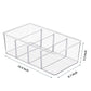 Clear desktop organizer box with four compartments, vertical dividers, and slotted bottom