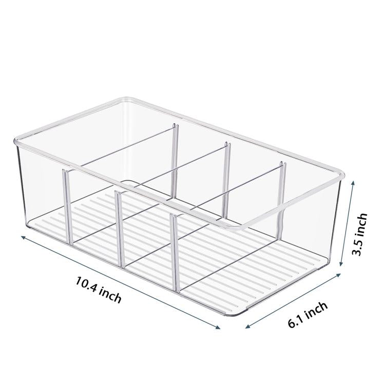 Clear desktop organizer box with four compartments, vertical dividers, and slotted bottom