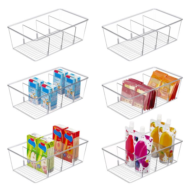 Four-compartment clear storage box with removable divider panels and white slat base