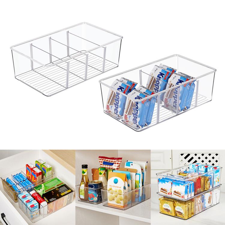 Clear organizer storage bin with four compartments and removable dividers for small items