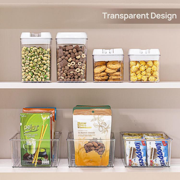 Transparent four-compartment organizer with removable dividers for pantry snacks and packages