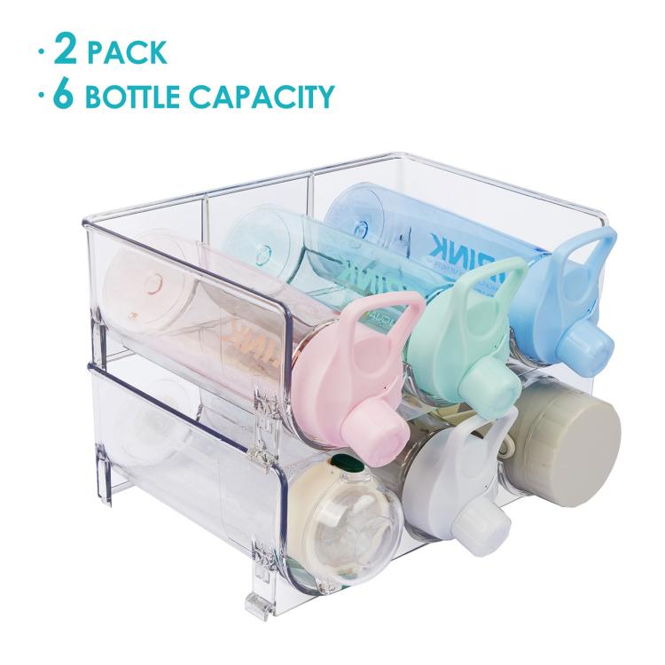 Clear PET beverage rack with six colorful bottle-holder caps