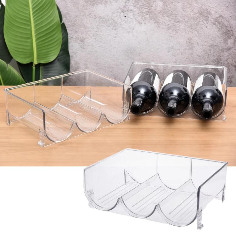 Clear PET bottle organizer rack with three black wine bottles and curved holders
