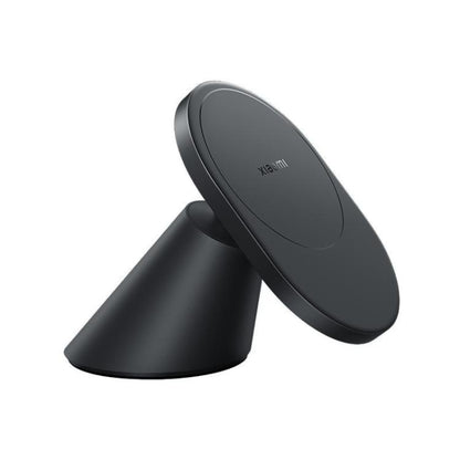 Magnetic wireless car charger with dark round face and stand
