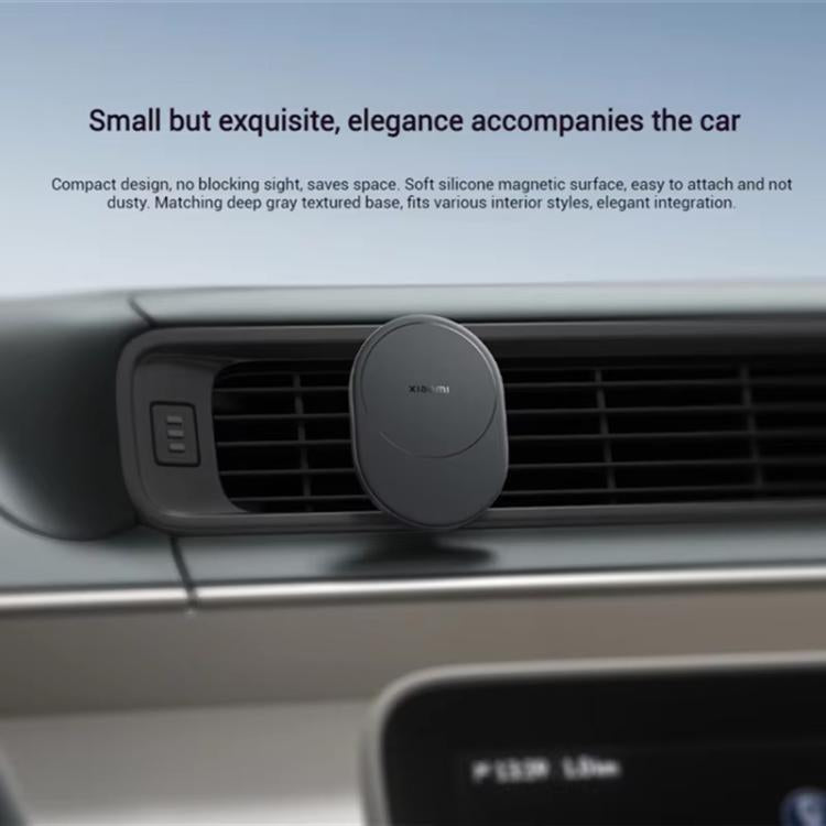 Compact magnetic wireless car charger mounted in front vent area