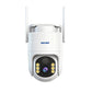 Wireless security camera front view with dual LED lights and antennas
