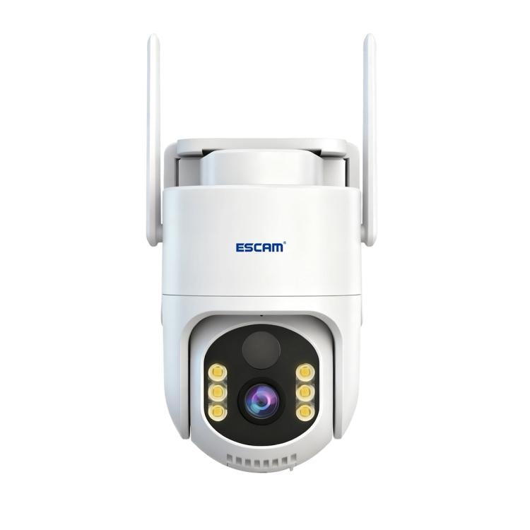 Wireless security camera front view with dual LED lights and antennas