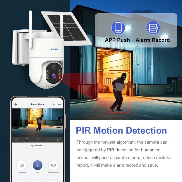 White wireless security camera with solar panel, wall-mounted, dual antennas
