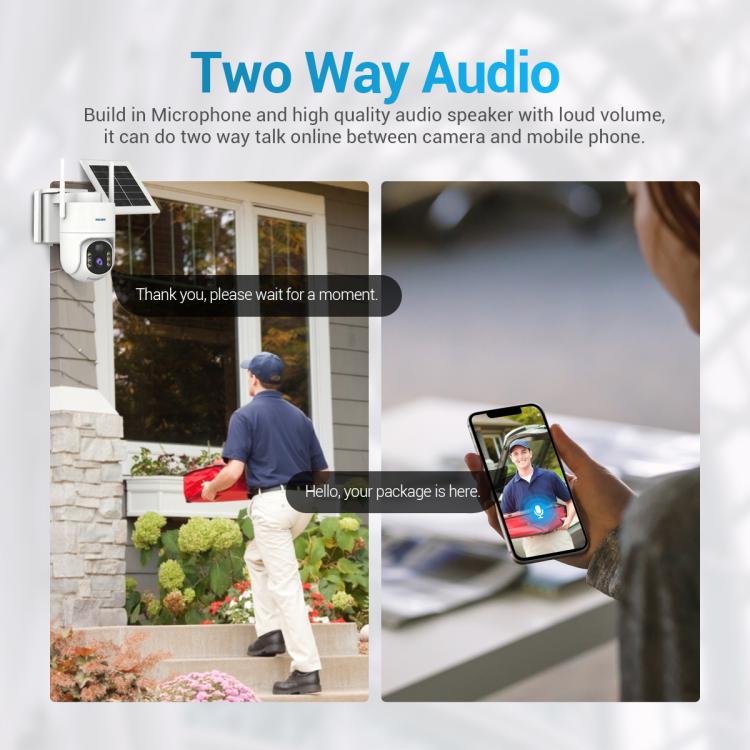 Wall-mounted white security camera with solar panel and front lens