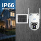 White outdoor security camera with solar panel and weatherproof housing for IP66
