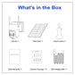 Security camera kit contents: camera, solar panel, bracket, screws, USB cable, guide