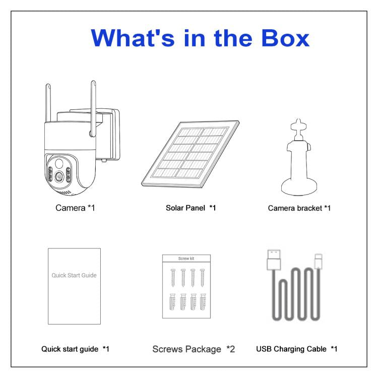 Security camera kit contents: camera, solar panel, bracket, screws, USB cable, guide