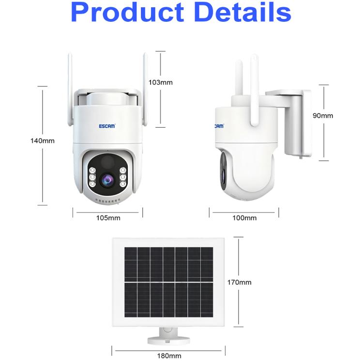 Wireless camera and solar panel with wall mount, shown with size diagram