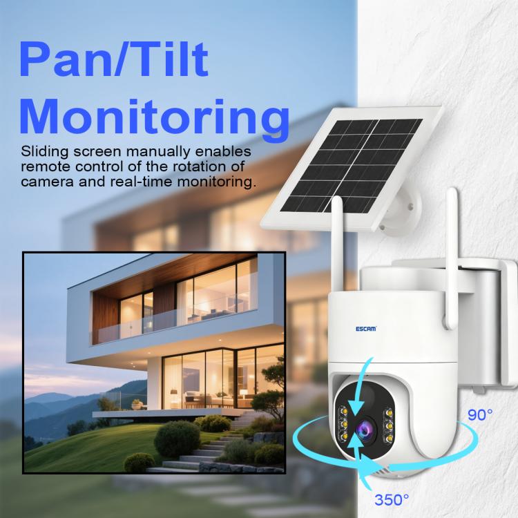 Solar-powered pan-tilt security camera with adjustable rotation range