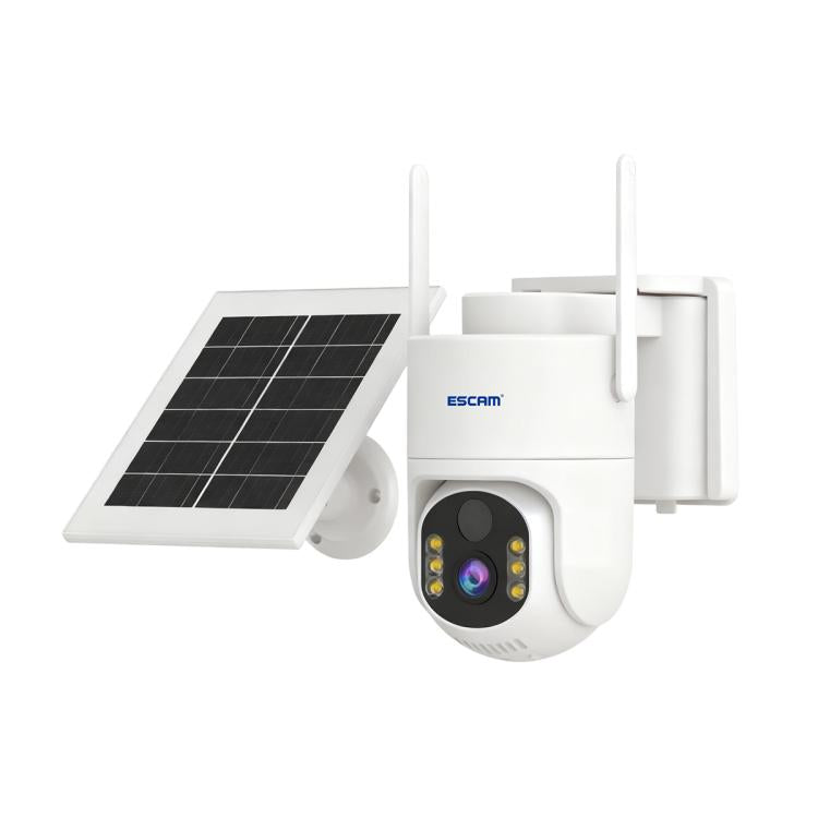 White wireless security camera with solar panel and two antennas, studio product view