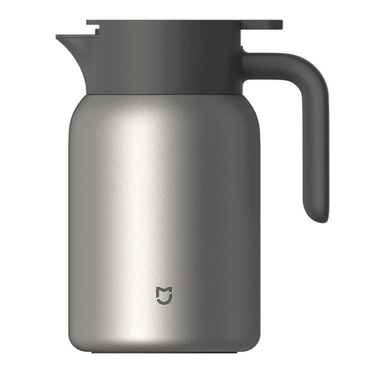 Titanium insulated thermos flask in brushed silver with side handle and spout
