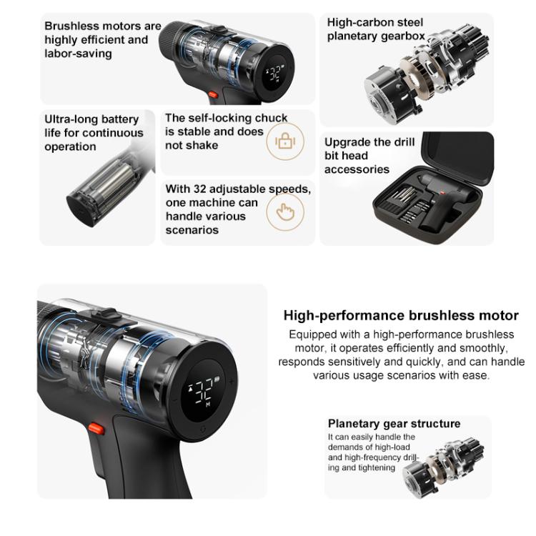 Cordless drill with cutaway motor and gearbox illustrations