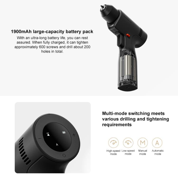 Cordless drill with battery pack and multi-mode dial illustrations
