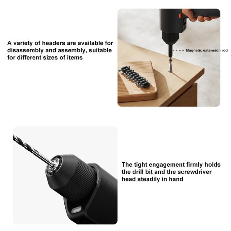 Cordless drill with magnetic extension rod and interchangeable bit heads
