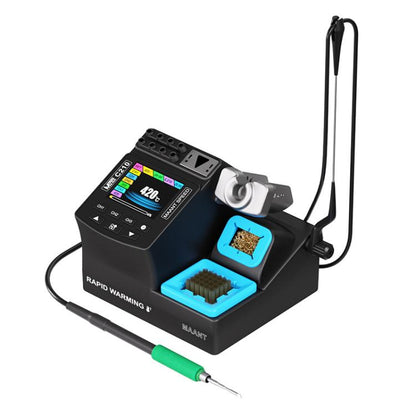 Digital welding station with display, blue silicone holders, black base, green-handled iron