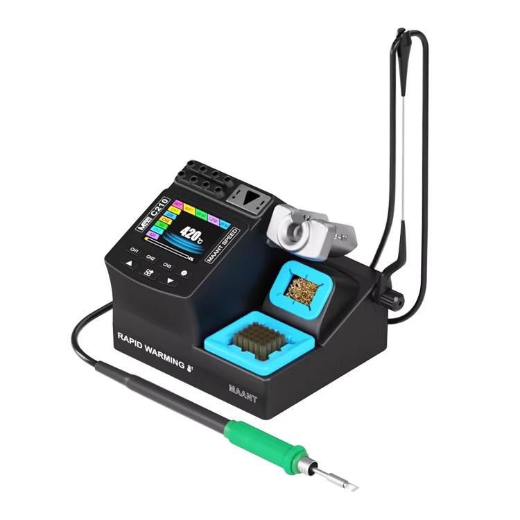 Digital welding station angled view with screen, blue holders, black base, green soldering iron