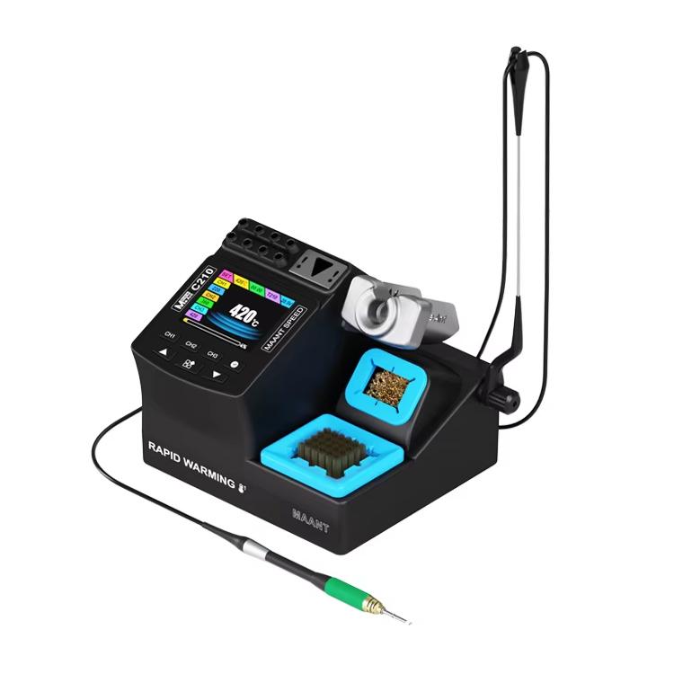 Digital welding station compact setup with display, blue rests, black base, green-tipped iron