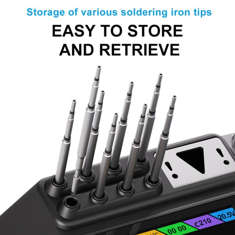 Soldering station base with multiple stored soldering iron tips upright