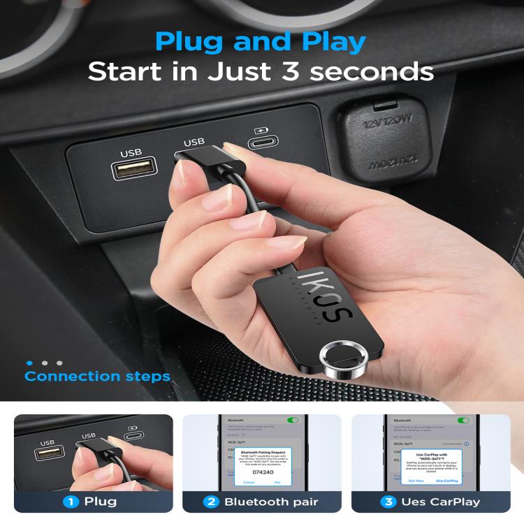IKOS A1 wireless CarPlay Bluetooth adapter held in hand, showing USB ports