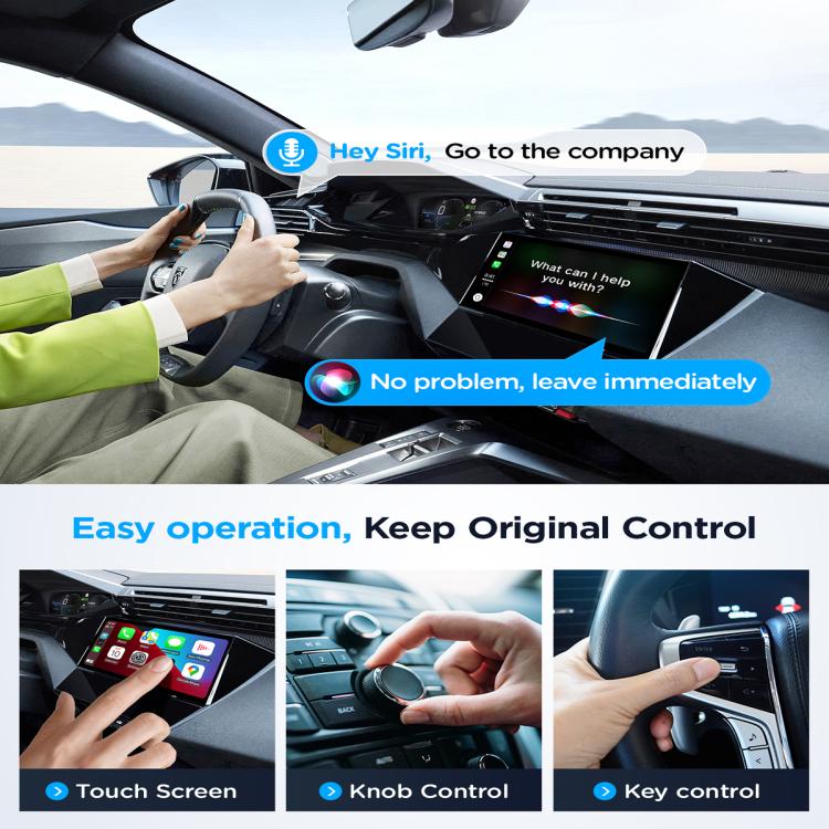 Car infotainment screen showing CarPlay interface with steering wheel in view
