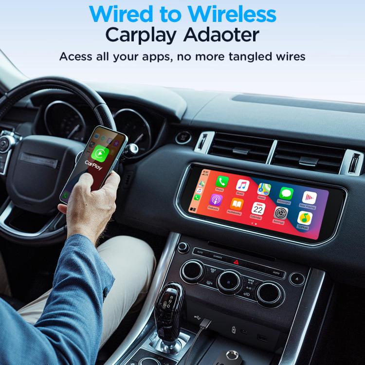 Car dashboard with phone and in-dash display connected via wireless CarPlay adapter