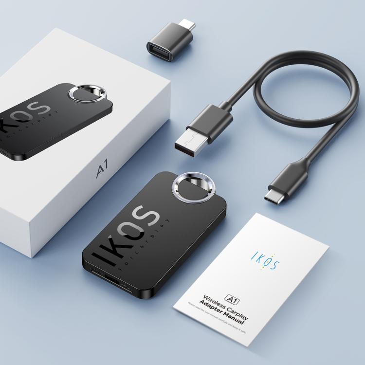 IKOS A1 wireless CarPlay Bluetooth adapter kit, black adapter with cables, box, and card