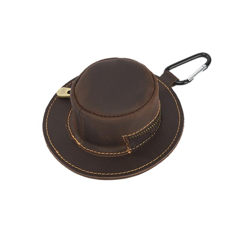 Dark brown leather trilby-style coin purse with zipper top and carabiner clip
