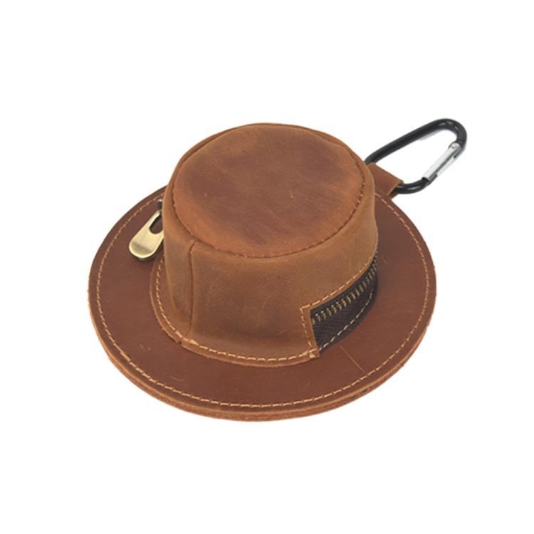 Brown leather trilby-style coin purse with zipper top and carabiner clip