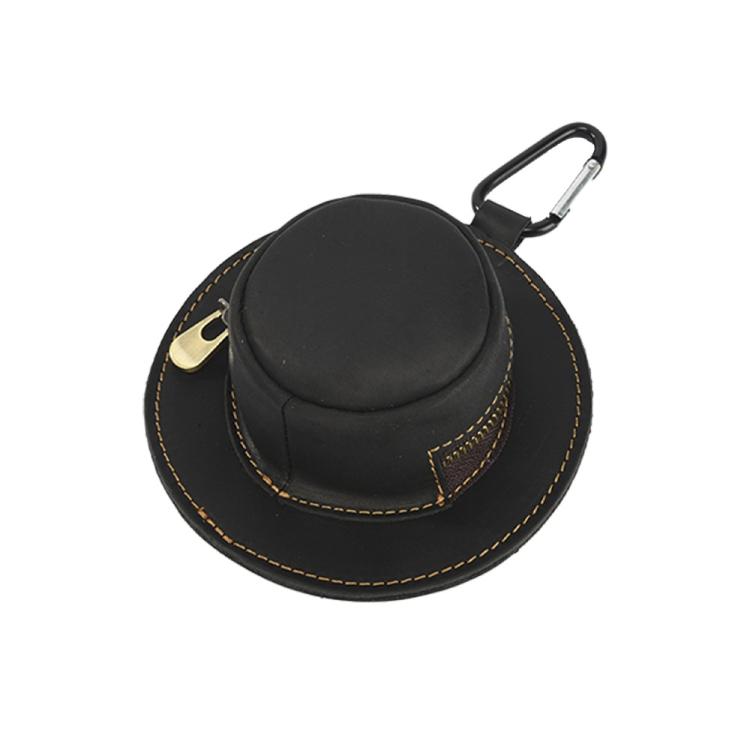 Black leather trilby-style coin purse with zipper top and carabiner clip