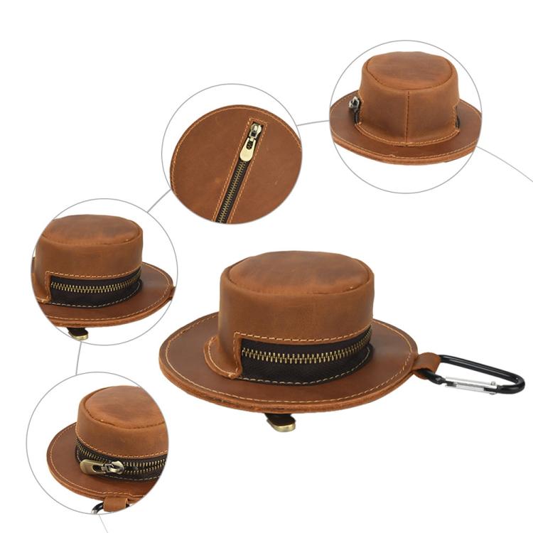 Tan leather hat coin purse with zipper and key clip, multiple angles