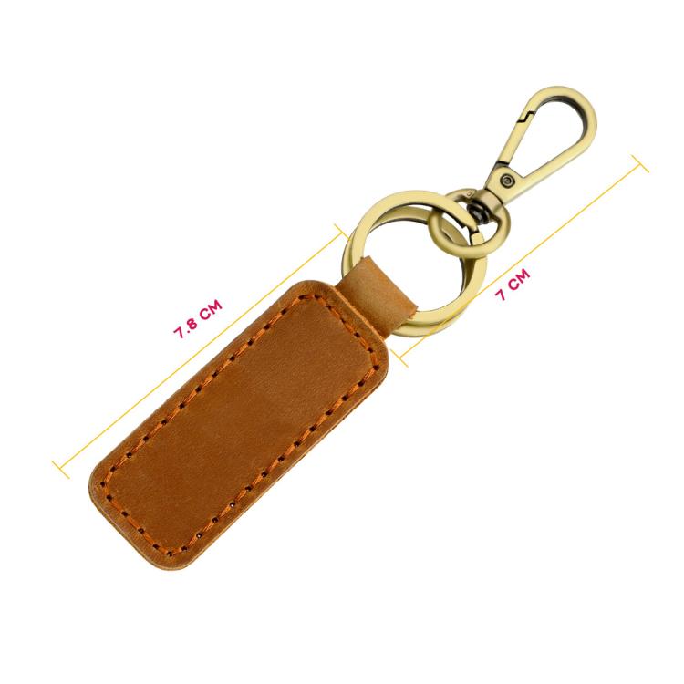 Brown leather car key chain with brass split ring and metal carabiner clasp