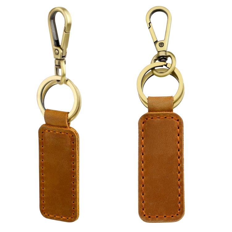 Brown genuine leather car key chain with metal hook and key ring, vertical pouch