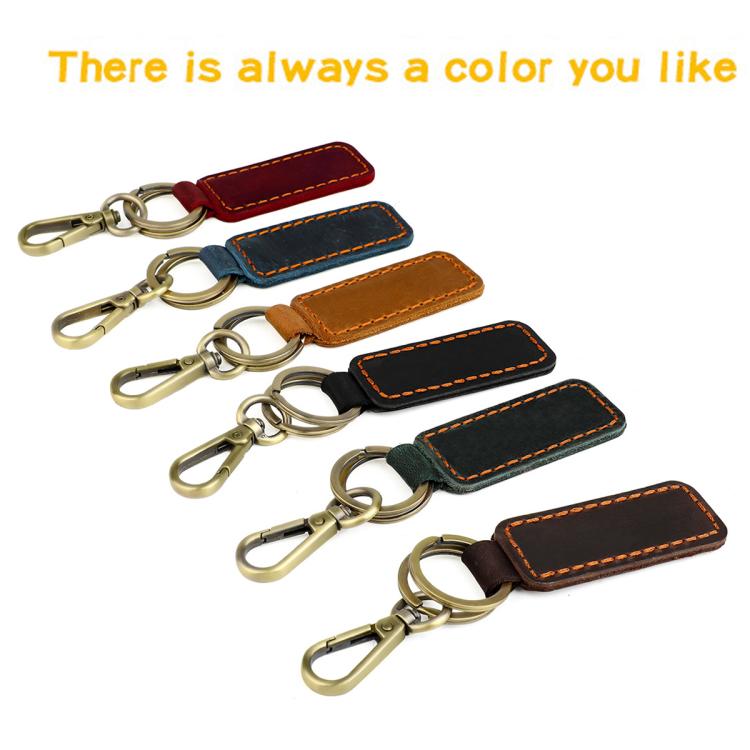 Assorted genuine leather car key chains with metal rings and clips, stitched leather pouches
