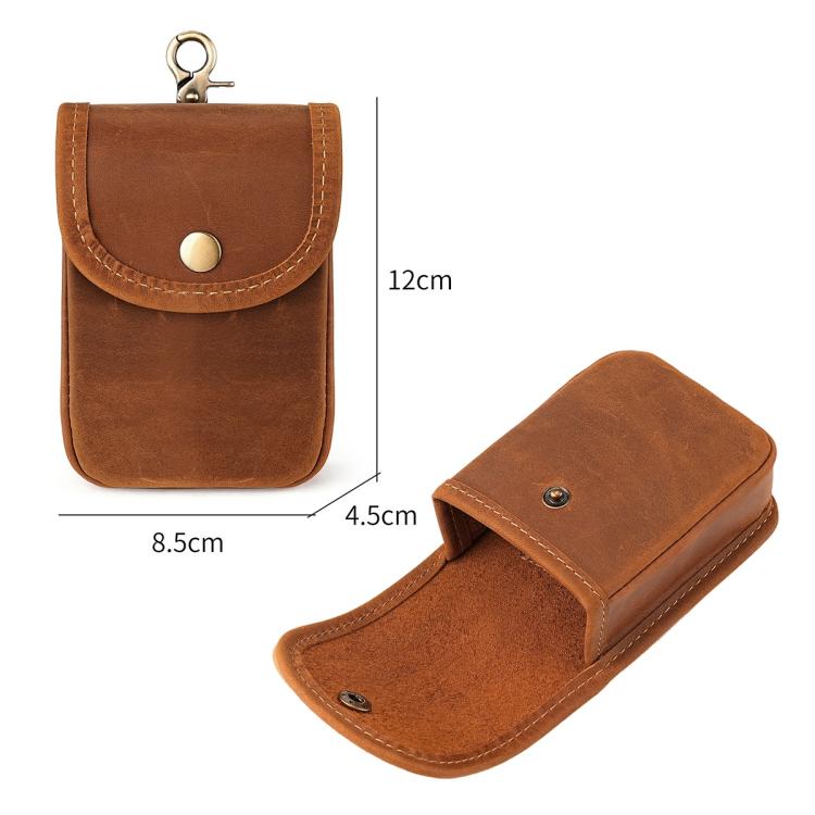 Tan leather key and coin pouch with snap flap and metal keyring