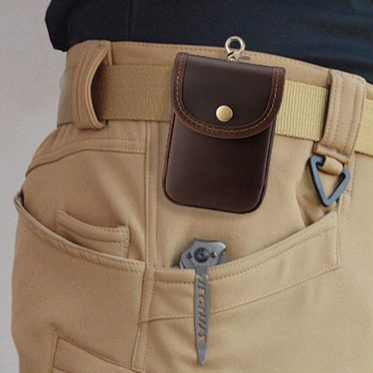 Genuine leather small waist bag with front snap pocket worn on a belt