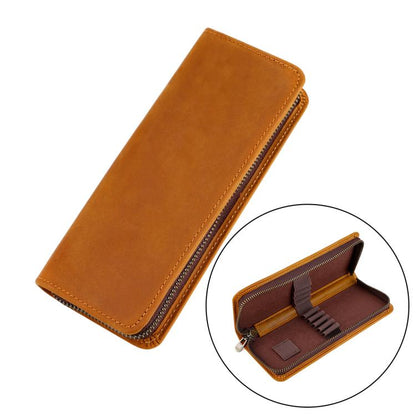 Brown genuine leather square zipper pen pouch, stitched edges, slim pencil case
