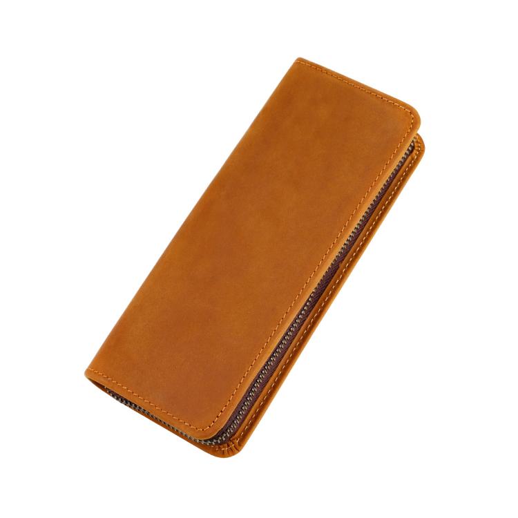 Brown genuine leather square zipper pen pouch, front view with stitched border