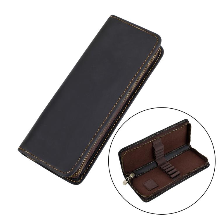 Black genuine leather square zipper pen pouch with interior pen slots