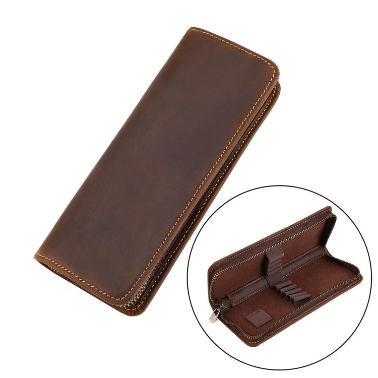 Coffee brown genuine leather square zipper pen pouch, stitched seam detail