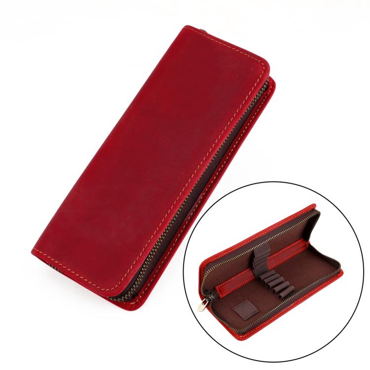 Red genuine leather square zipper pen pouch with interior slots, stitched trim