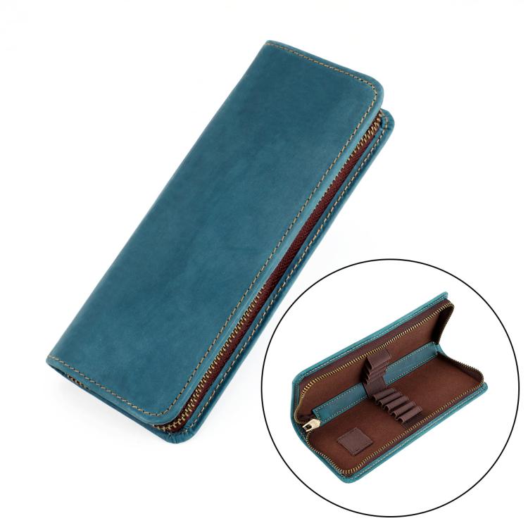Blue genuine leather square zipper pen pouch, slim profile with stitched edges
