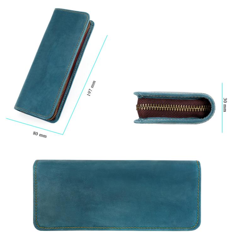 Blue genuine leather zipper pen pouch with size view and end profile
